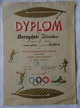 Dyplom Mistrzostwa LZS Mielec 1969 rzut młotem 