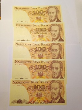 Banknoty PRL, 100 zł, 5 szt, UNC 