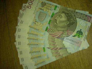 Banknoty 500zł seria AD kolejne numery