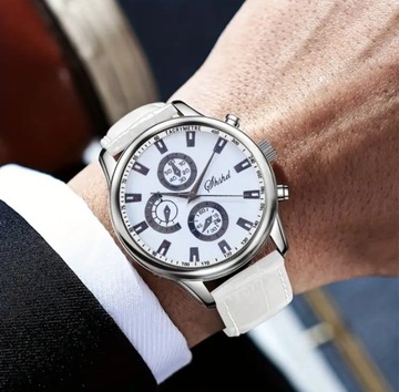 Męski elegancki zegarek kwarcowy z białym paskiem