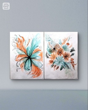Dyptyk abstrakcja kwiaty 2x obraz turkus jesień 