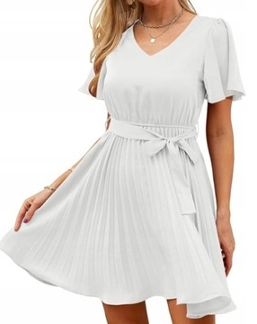 Biała sukienka letnia wizytowa plisowana krótki rękaw  S M L
