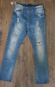 jeansy dżinsy z dziurami, z przetarciami - S