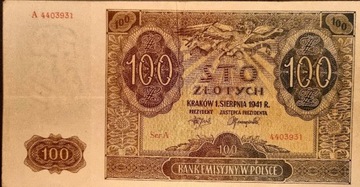 Banknot 100 zł 1941 rok, seria A