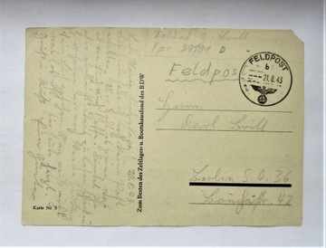 Pocztówka z wojskowymi stemplami Feldpost 1943 r.