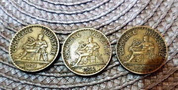 Zestaw 3 monet Francja 1921/1922/1923 1 Franc