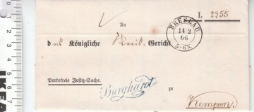 Niemcy Breslau Kempen dokument list koperta unikat z 19 wieku