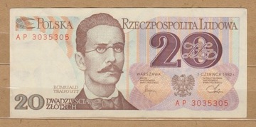 Stare polskie banknoty 20 złotych 1982 ładny numer