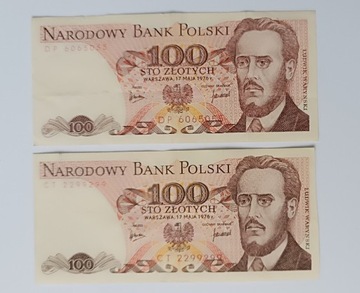 Dwa banknoty 100 złotych 1976 seria DP,CT