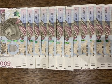 Banknoty 500 zł seria A rzadkie numery serii