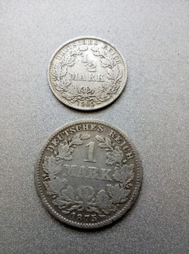 1/2 marki 1905 F, 1 1875 F marka Niemcy , zestaw 2 sztuki