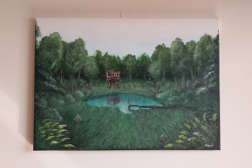 Obraz olejny 50 x 70 "Chatka w lesie"