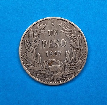 Chile 1 peso rok 1917, bdb stan, srebro 0,720