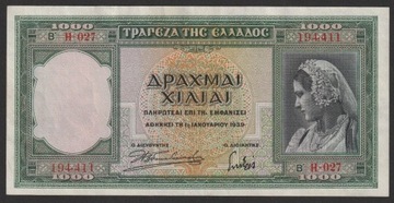 Grecja 1000 drachm 1939 - stan bankowy UNC -