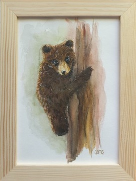 Akwarela ręcznie malowana Niedźwiedź miś +rama