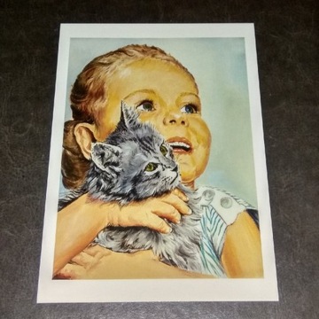 AMUN pocztówka "Dziewczynka z kotkiem" mal. ustami