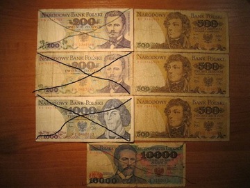 banknoty PRL z ob. 50, 100, 200, 500, 1000 i 10000