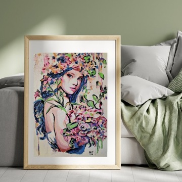 Obraz akrylowy ręcznie malowany  kobieta i kwiaty 40x50 cm