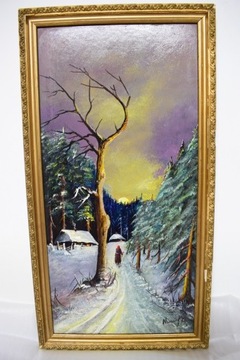 Zima w lesie - obraz ręcznie malowany , sygnowany 