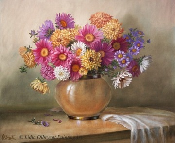 Kwiaty-Astry, ręcznie malowany olejny, L. Olbrycht