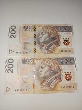 1szt seria A Banknot 200zł 1szt Seria AA