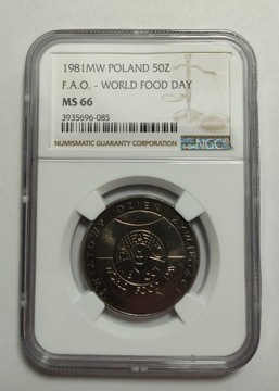 50 zł 1981, FAO, NGC MS 66, mennicza, grading