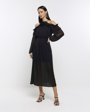 Długa sukienka River Island elegancka UK 10 eur 36 czarna odkryte ramiona