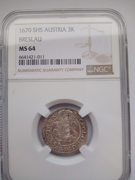 3 Krajcary 1670 Austria Breslau SHS NGC MS64