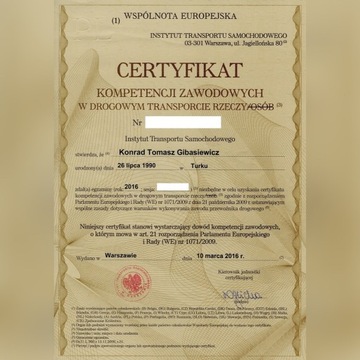 Certyfikat Kompetencji Zawodowych TR.Rzeczy użyczę
