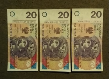 3 banknoty 20 zł BU 2016 