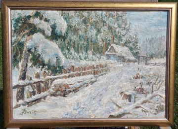Obraz olejny "Zima na wsi"