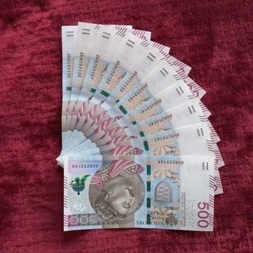 Banknoty 500 ZŁ Seria AH 10 sztuk