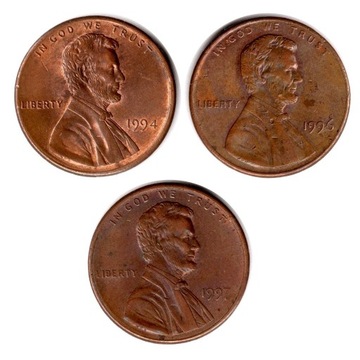 USA, 3 x 1cent 1994,1996,1997 KM#201b