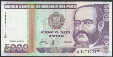 Peru 5000 intis 1988 - stan bankowy UNC