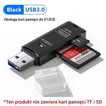 Czytnik kart  2 w 1 USB 3.0, Micro SD i SD, Czarny