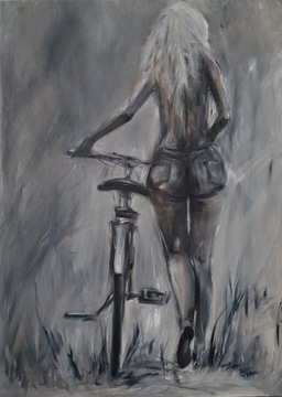 Obraz olejny ręcznie malowany 70x100 cm "Rower"