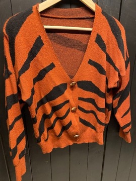 Sweter pomarańcz czerń pasy zebra M/L