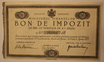 RUMUNIA 500 LEI 1932 - 1933 BON DE IMPOZIT