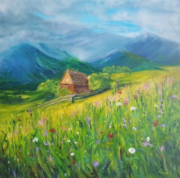 Obraz olejny ręcznie malowany 80x80 Pejzaż górski