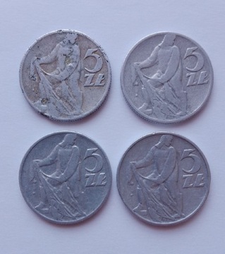 5 zł Rybak cztery monety: 1958, 1959, 1960, 1974