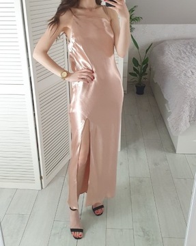 Asos satynowa sukienka rosegold gołe plecy midi L