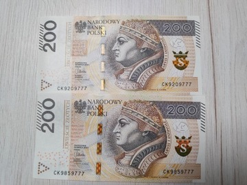 Banknoty 200 złotowe o unikatowych numerach 