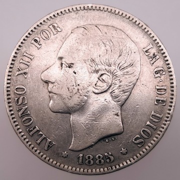 Hiszpania 1885 5 peset, srebro (1)