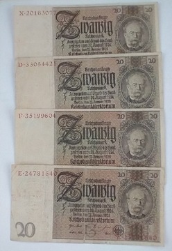 zestaw banknotów 20 marek , 1929 , Niemcy , 4 szt.