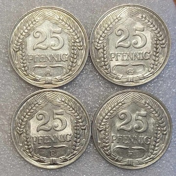 4x 25 pfennig 1909 G 1911 A 1911 E 1912 F - piękne