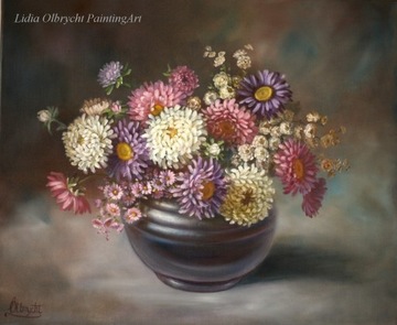 Kwiaty Astry, olejny ręcznie malowany, L. Olbrycht