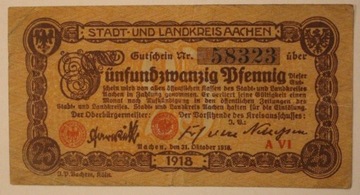 25 Pfennig 1918 STADT LANDKREIS AACHEN,  NIEMCY  