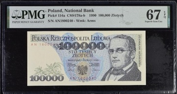 Banknot 100000 zł 1990 seria AN PMG 67 EPQ