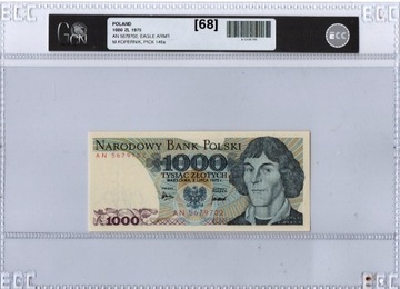 Banknot 1000 zł z 1975r. seria AN, stan 1 UNC w gradingu 68