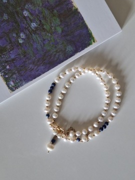 Naszyjnik z pereł perły naturalne lapis lazuli 